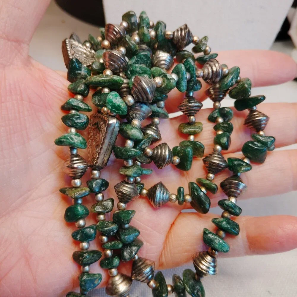 Layered Green Jadeite Chip Necklace with Silver Tone Beads, 18–20